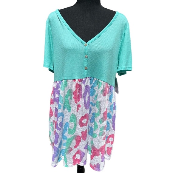 My Story Tops - Pretty in Pastel Baby Doll Top - Waffle Knit & Multi Pastel Leopard Print